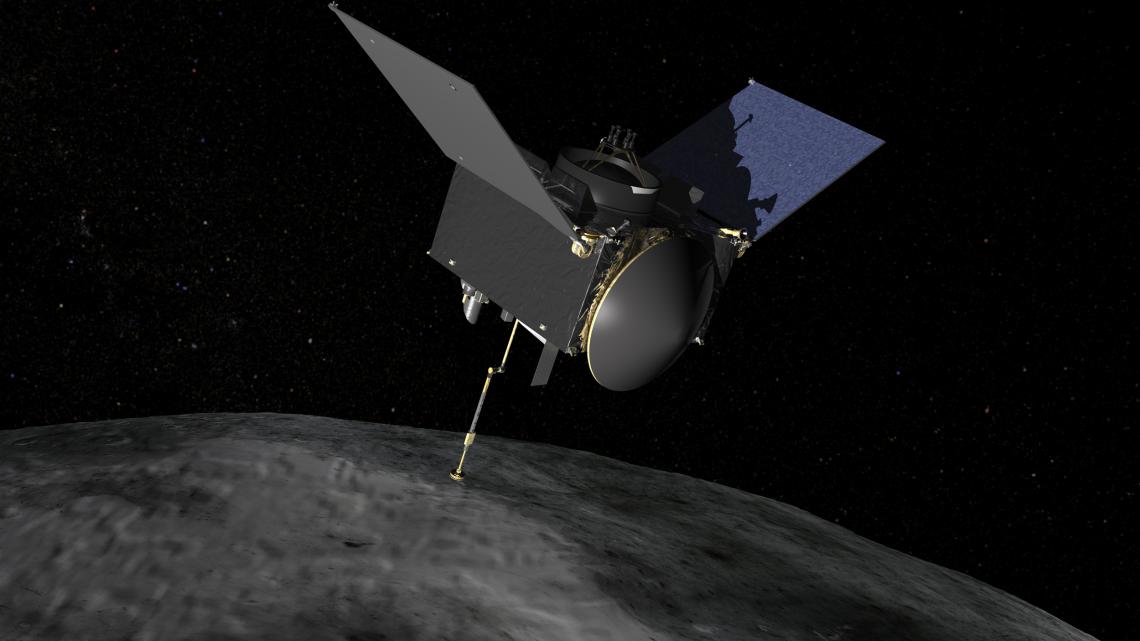Artist's impression of the OSIRIS-REx spacecraft arriving at asteroid Bennu.